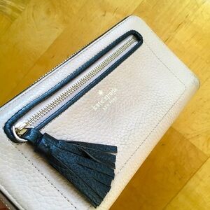 Kate Spade Long Zip Around Wallet, Tassel Zipper Pull, Cream, Beige, Black